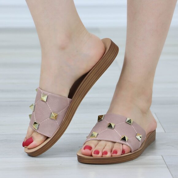 Blush Flat Comfort Flexible Sandal Slip On Sliders Trendy Gold Studs Glittery To - Picture 5 of 15